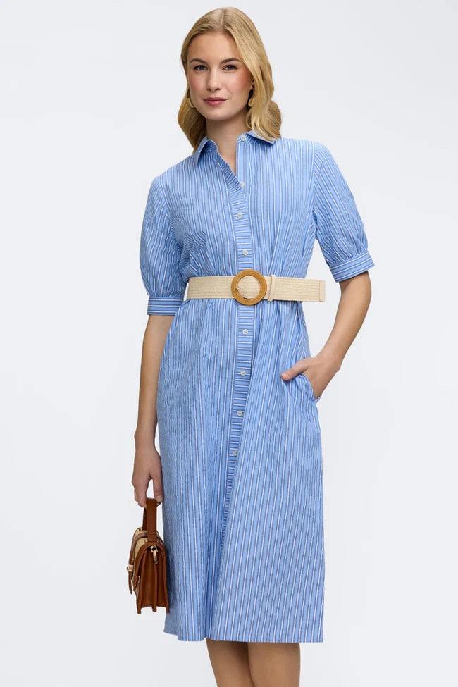 Foxcroft Esther Blue Seersucker Elbow Sleeve Dress