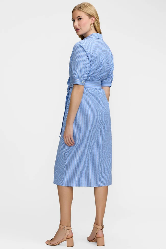 Foxcroft Esther Blue Seersucker Elbow Sleeve Dress