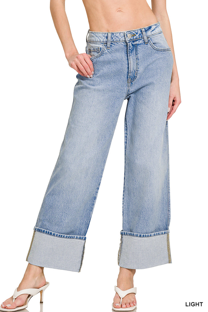 Zenana Light Wash High-Rise Cuffed Wide-Leg Denim Pants