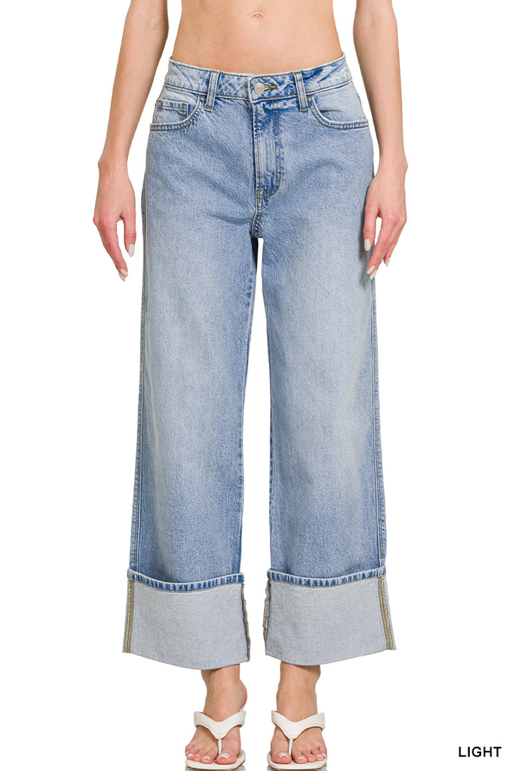 Zenana Light Wash High-Rise Cuffed Wide-Leg Denim Pants