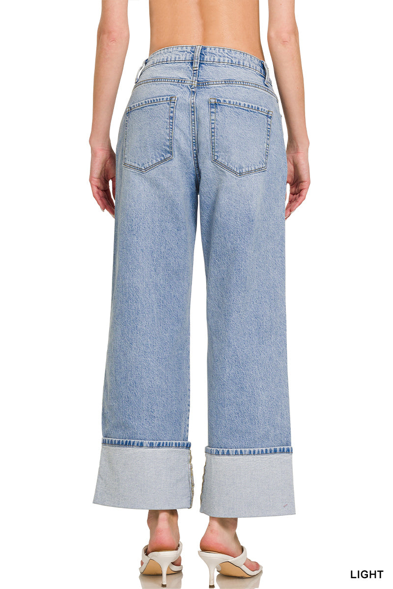 Zenana Light Wash High-Rise Cuffed Wide-Leg Denim Pants