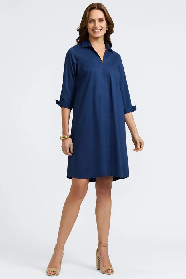 Foxcroft Navy Agnes Stretch Matte Sateen 3/4 Sleeve Dress
