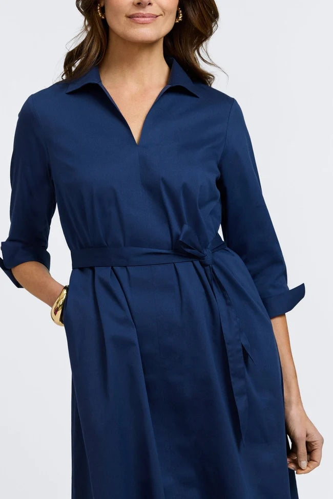 Foxcroft Navy Agnes Stretch Matte Sateen 3/4 Sleeve Dress