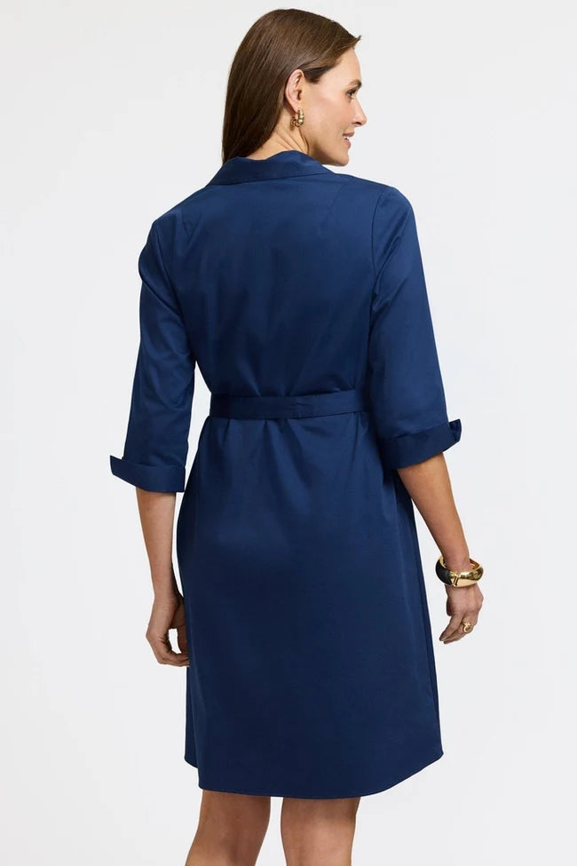 Foxcroft Navy Agnes Stretch Matte Sateen 3/4 Sleeve Dress