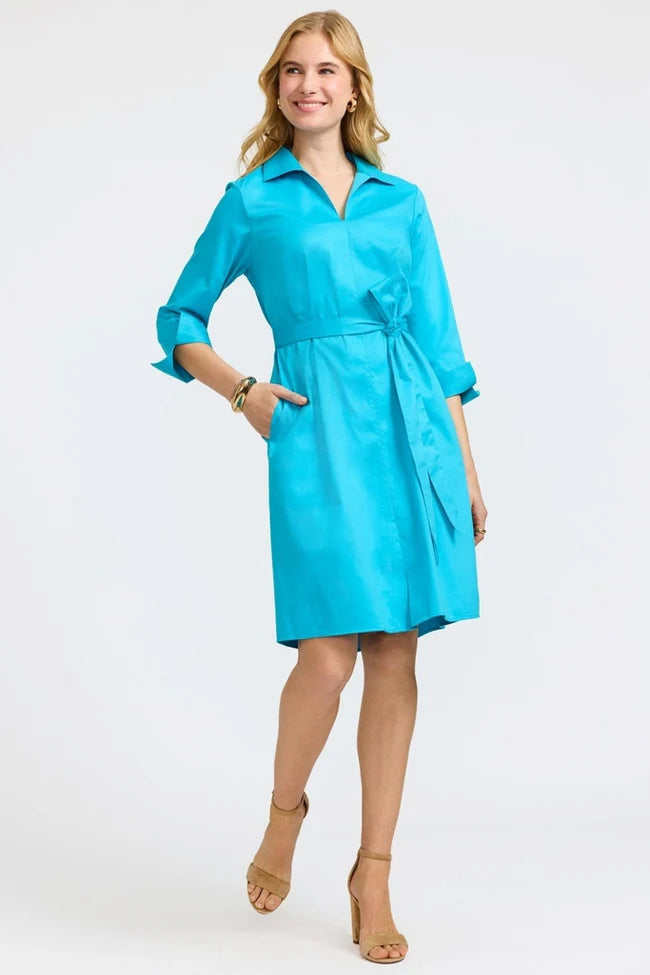 Foxcroft Ibiza Turquoise Agnes Stretch Matte Sateen 3/4 Sleeve Dress