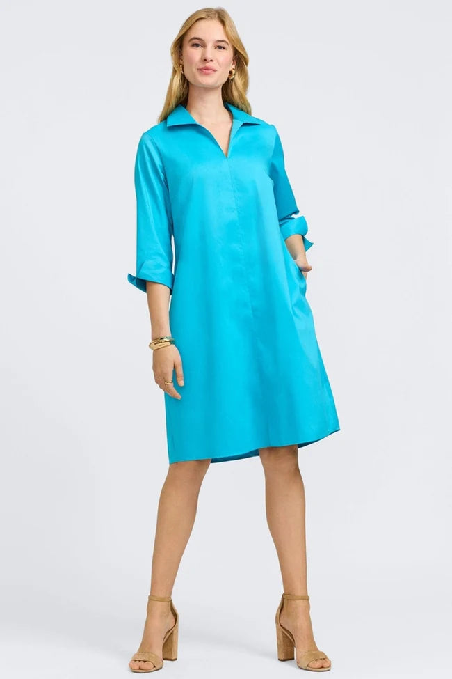 Foxcroft Ibiza Turquoise Agnes Stretch Matte Sateen 3/4 Sleeve Dress