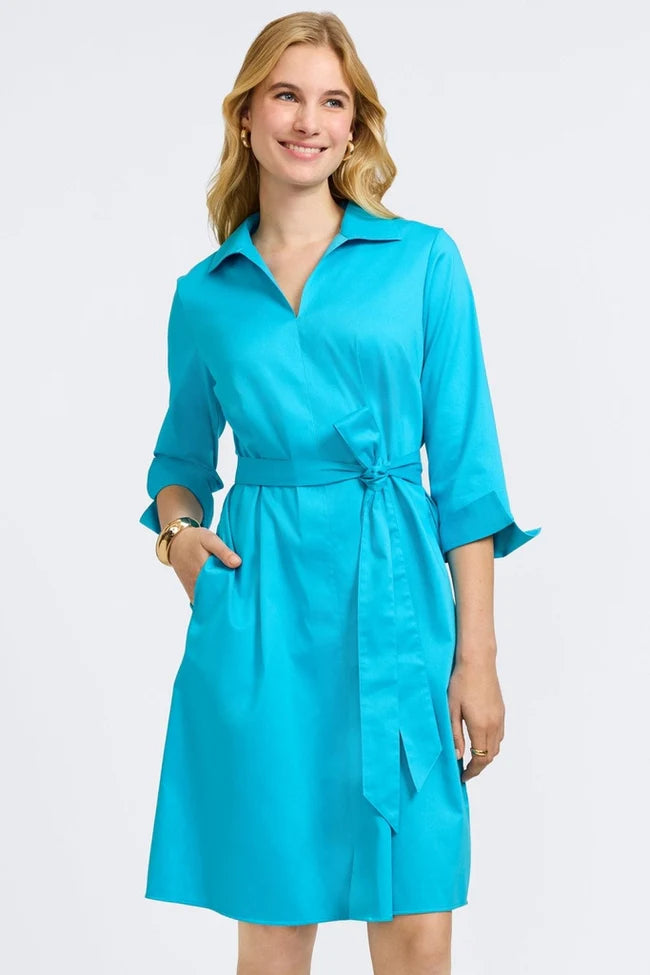 Foxcroft Ibiza Turquoise Agnes Stretch Matte Sateen 3/4 Sleeve Dress