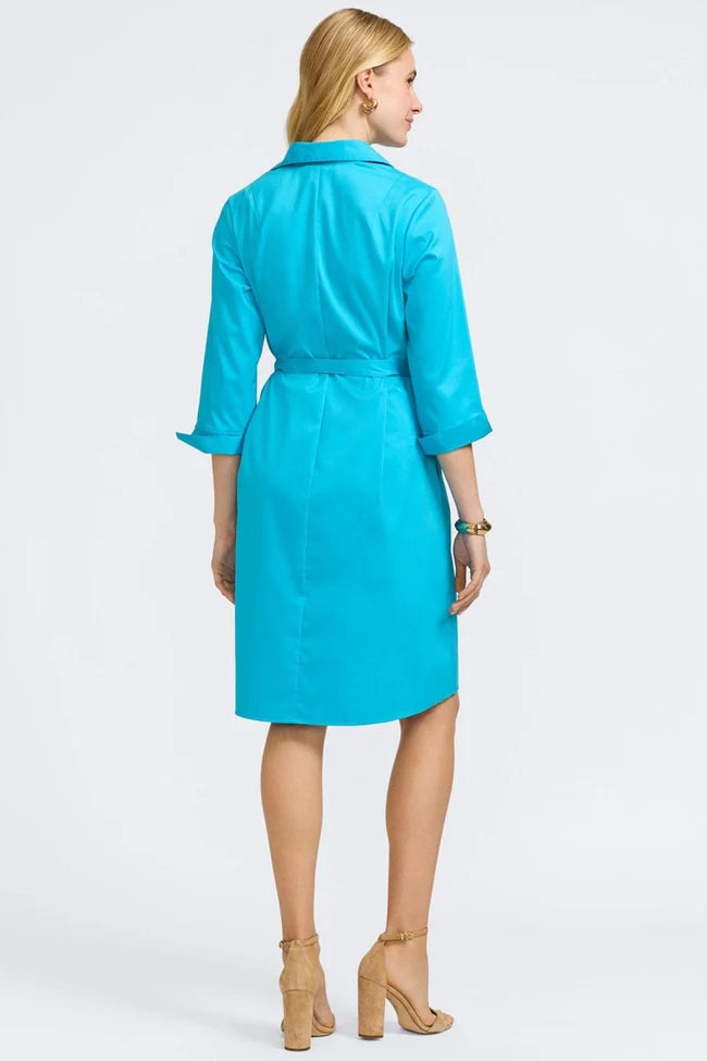 Foxcroft Ibiza Turquoise Agnes Stretch Matte Sateen 3/4 Sleeve Dress
