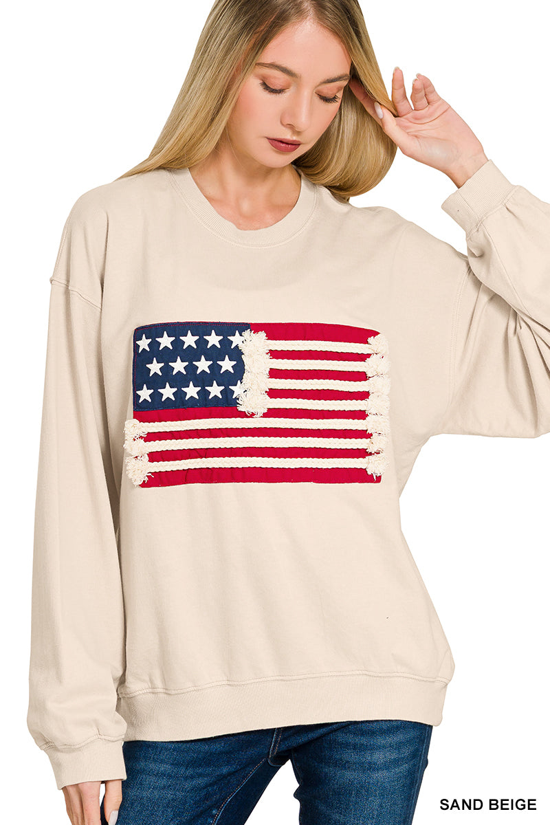 Zenana Sand Beige French Terry American Flag Pullover