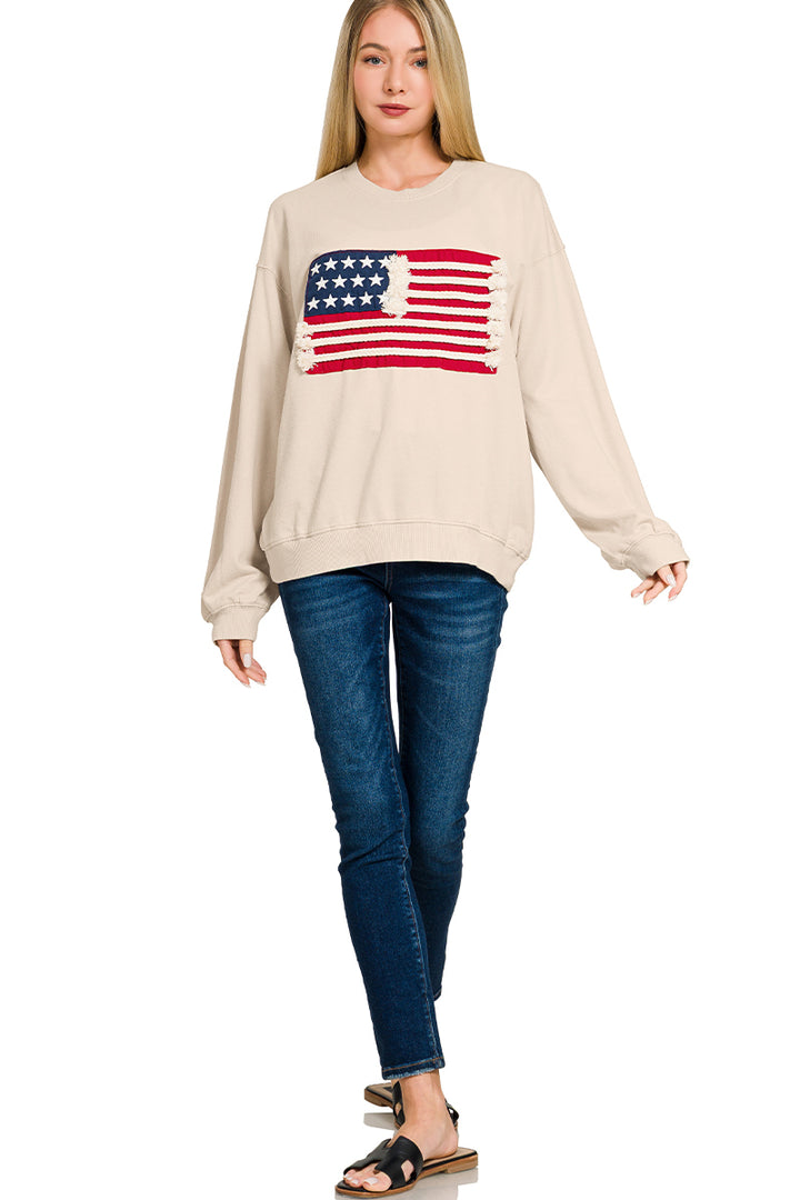 Zenana Sand Beige French Terry American Flag Pullover