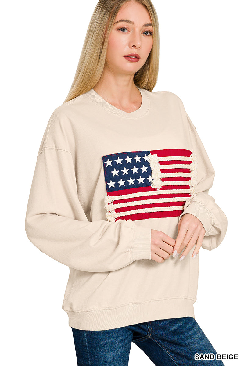 Zenana Sand Beige French Terry American Flag Pullover