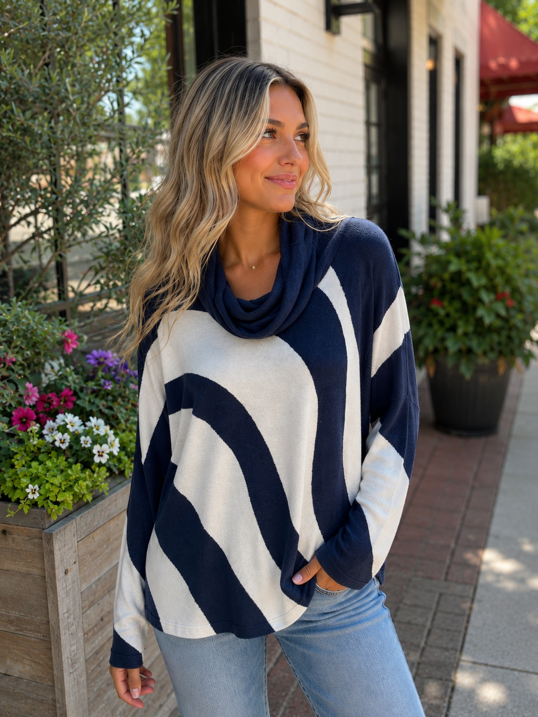 Marble Navy/White Cowl Neck Sweater
