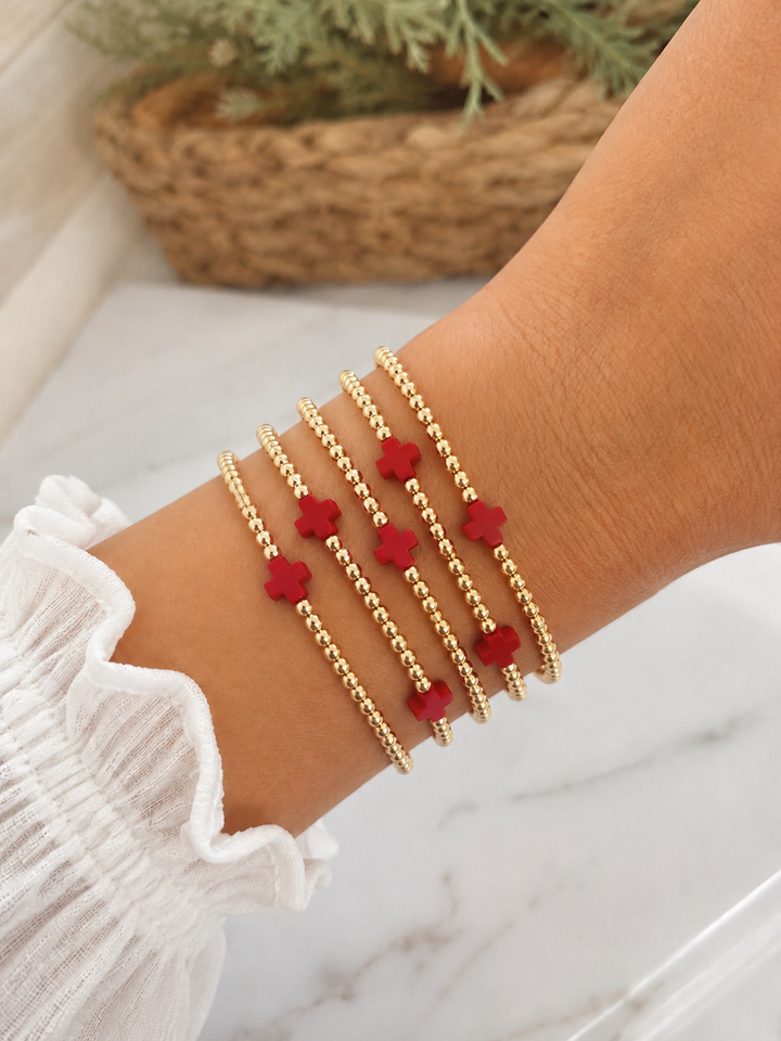 Gold Beaded Bracelet Sets With 3 Crosses