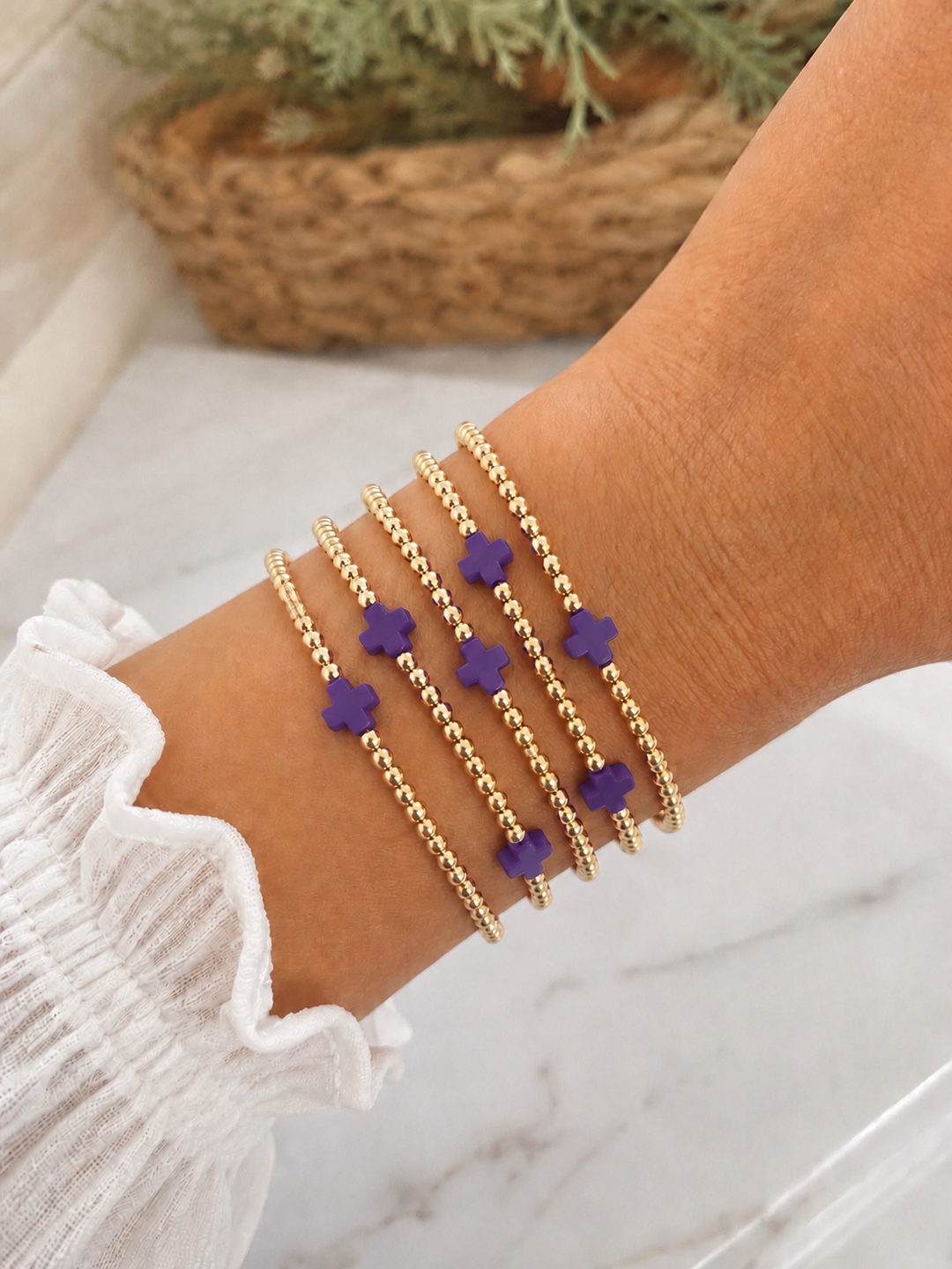 Gold Beaded Bracelet Sets With 3 Crosses