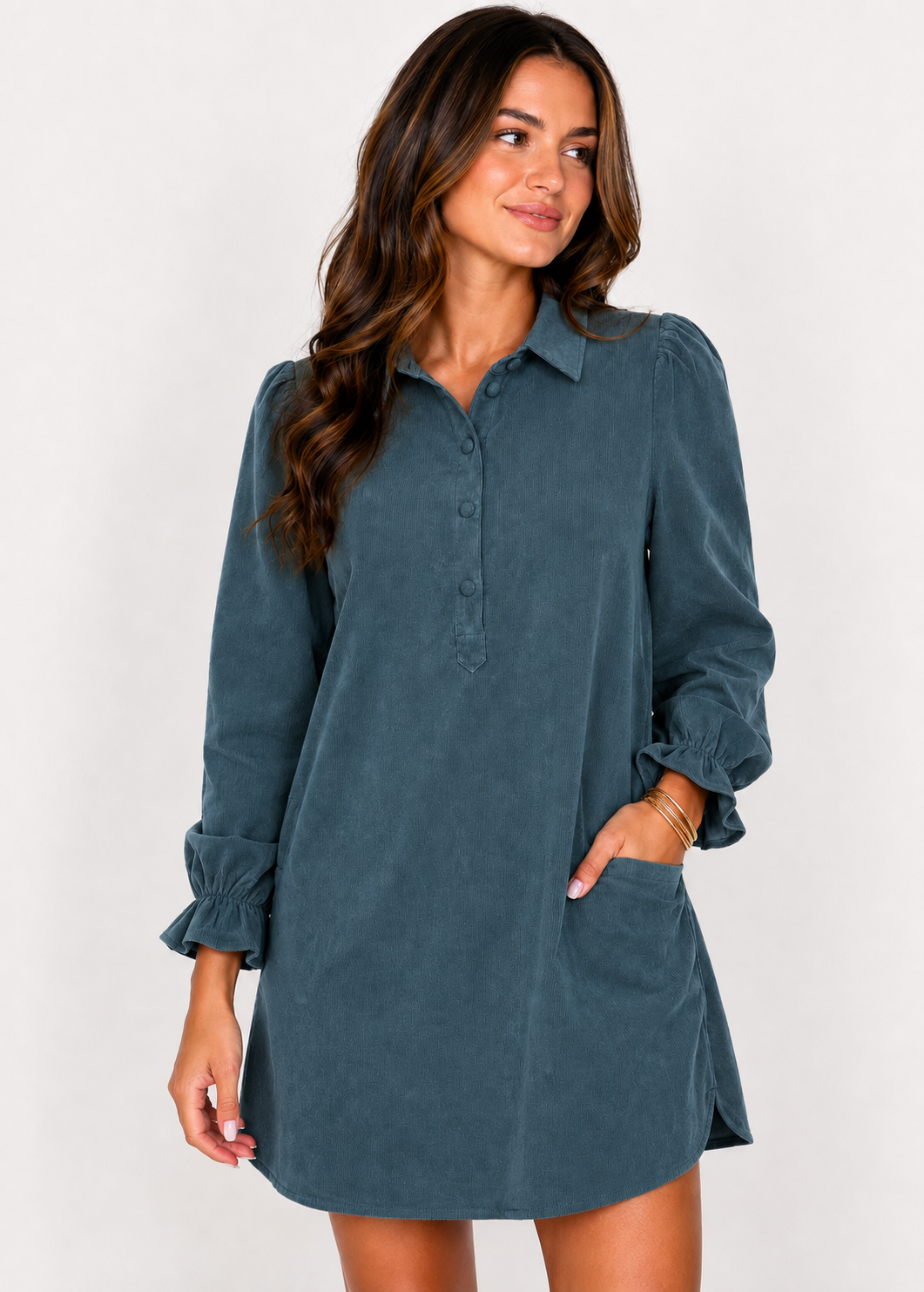 Joy Joy Peacock Corduroy Placket Collar Dress