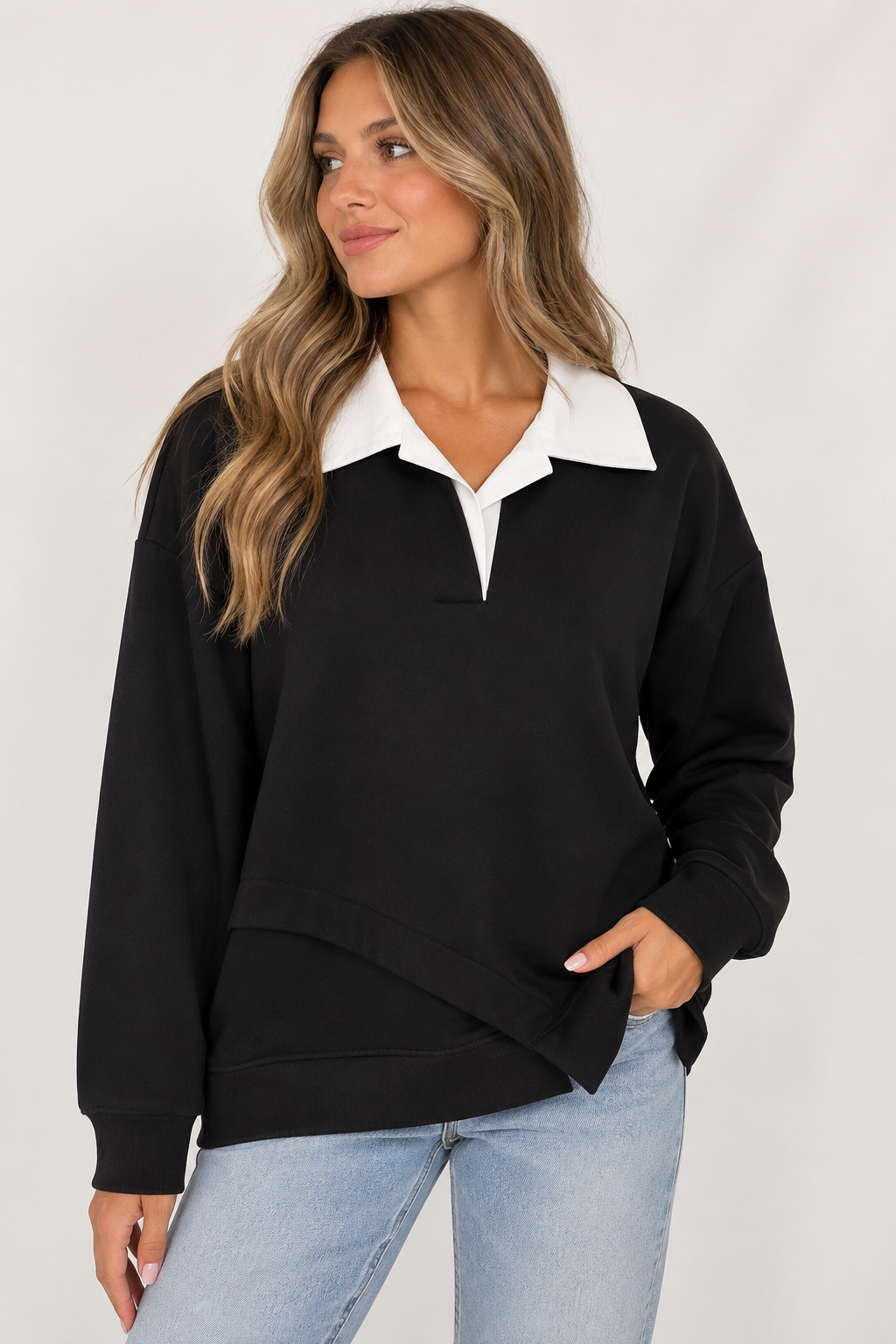 Black and White Classic Contrast Collared Pullover