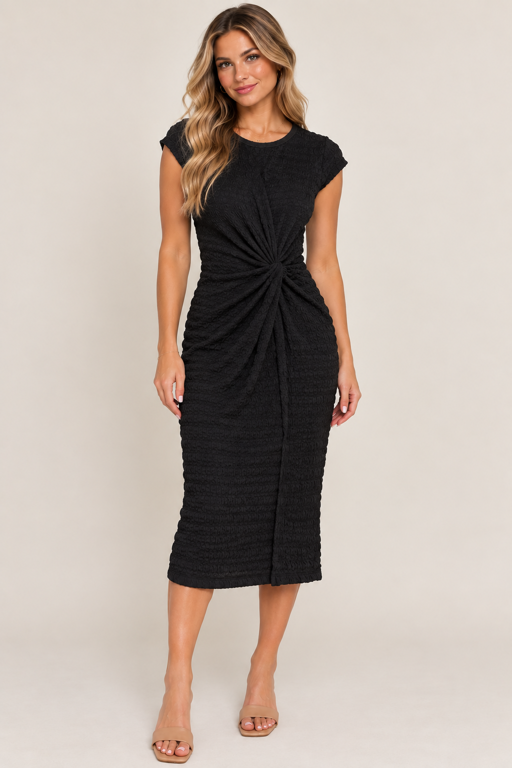 Textured Front Knot Midi Dress