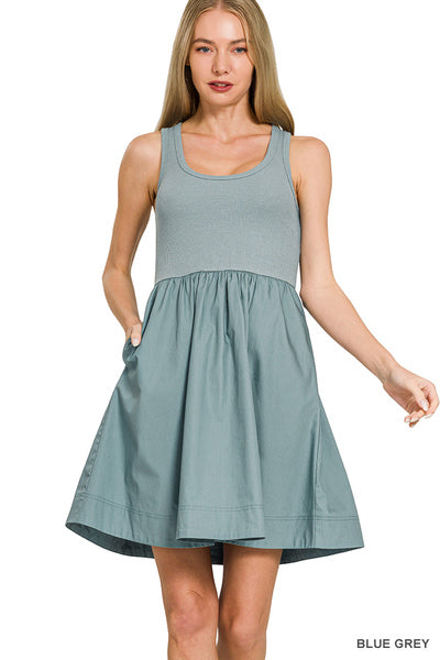 Blue Grey Mini Tank Dress With Pockets  Rebecca's of Clinton