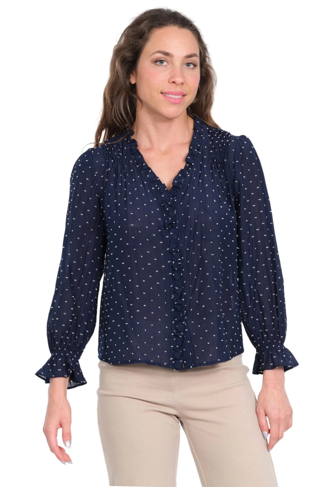 Lior Koreen Navy #6 Polka Dot Blouse With Button Front & Ruffle Neck