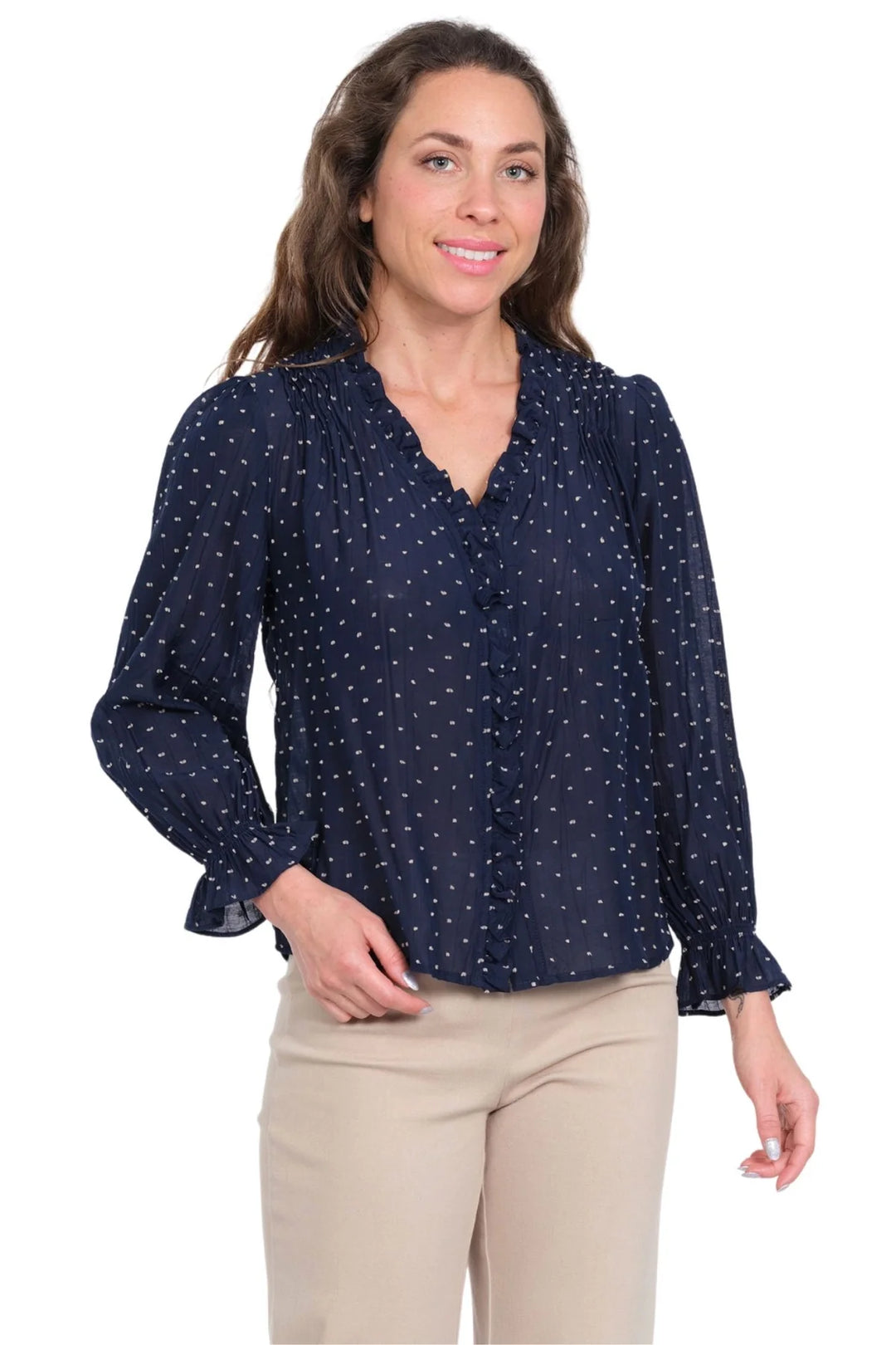 Lior Koreen Navy #6 Polka Dot Blouse With Button Front & Ruffle Neck