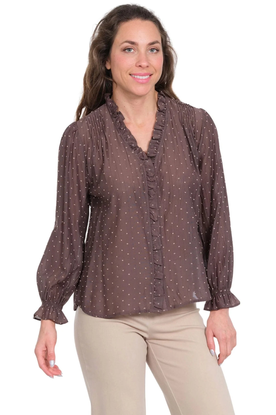 Lior Koreen Taupe #7 Polka Dot Blouse With Button Front & Ruffle Neck