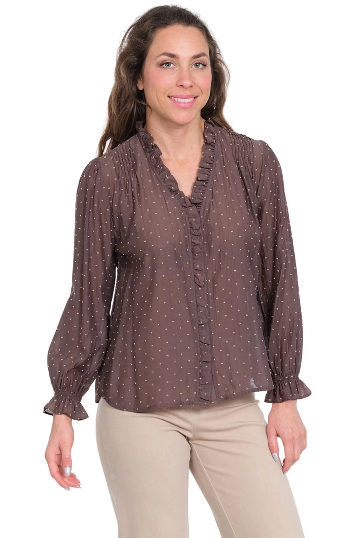 Lior Koreen Taupe #7 Polka Dot Blouse With Button Front & Ruffle Neck