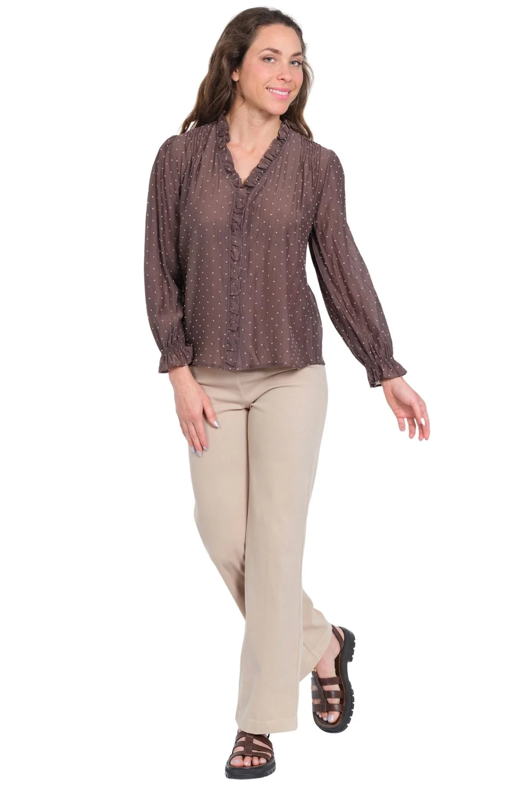 Lior Koreen Taupe #7 Polka Dot Blouse With Button Front & Ruffle Neck