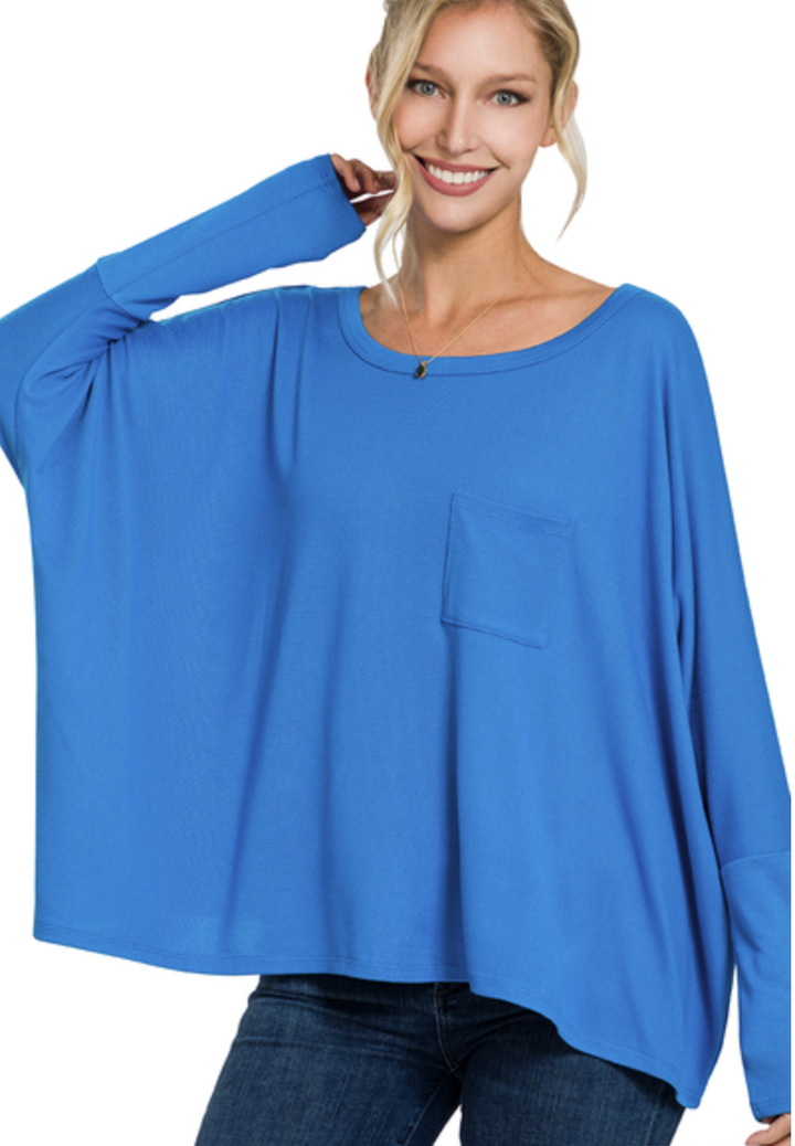 Zenana Dolman Sleeve Round Neck Pocket Shirt with Front Pocket