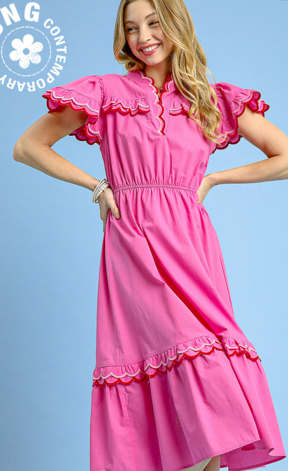 pink flutter sleeve dress Umgee Scalloped Trim Flutter Sleeve Midi Dress- Pink – Rebecca's of Clinton