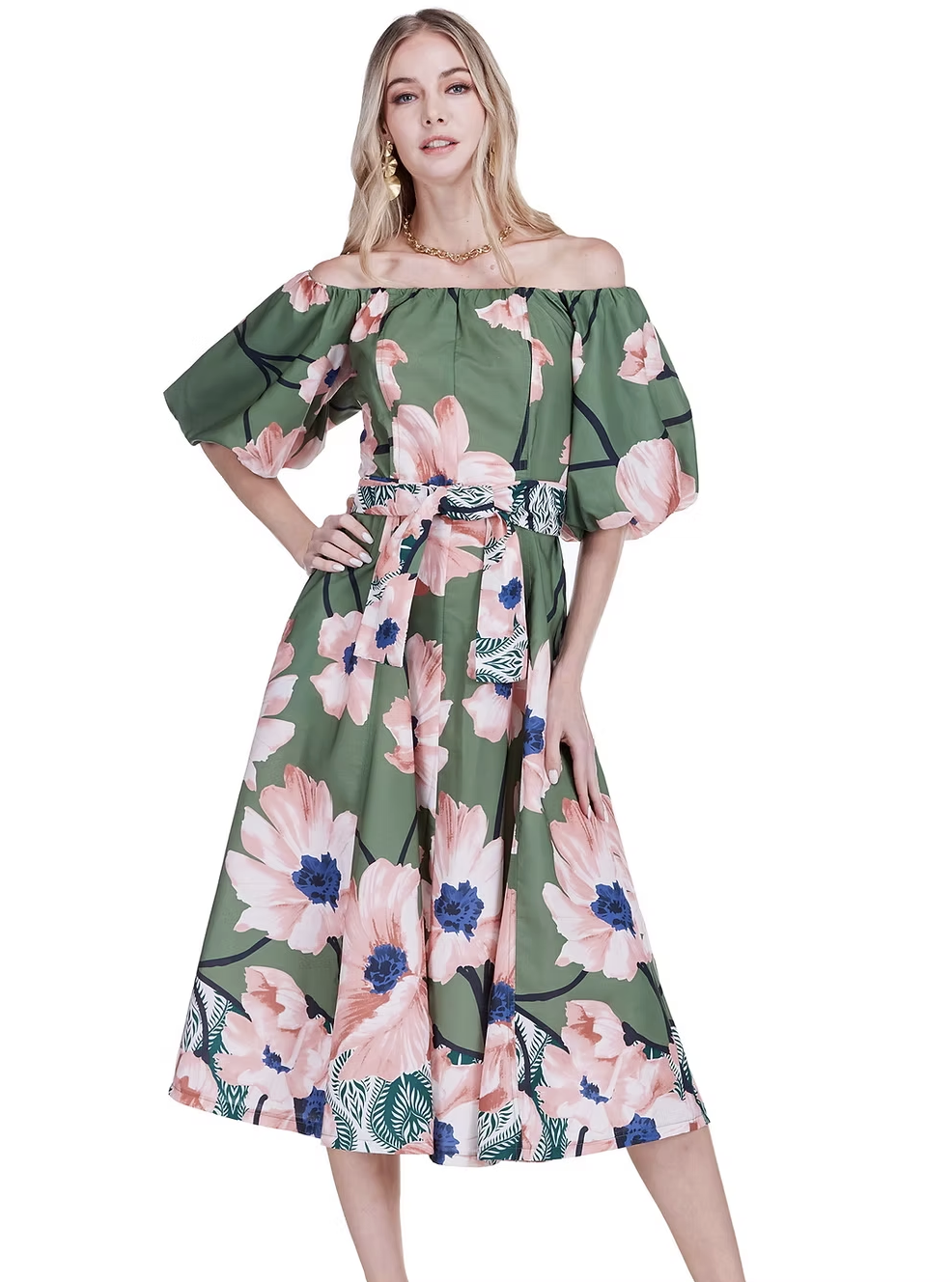 Jade Olive Bloom Off-Shoulder Flared Midi Dress Rebecca's of Clinton Jade Olive Bloom Off-Shoulder Flared Midi Dress Rebecca's of Clinton