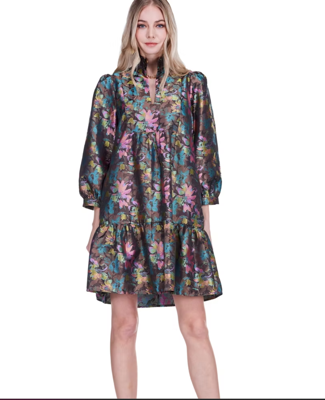 Jade Vintage Floral High Neck Long Sleeve Flounce Dress