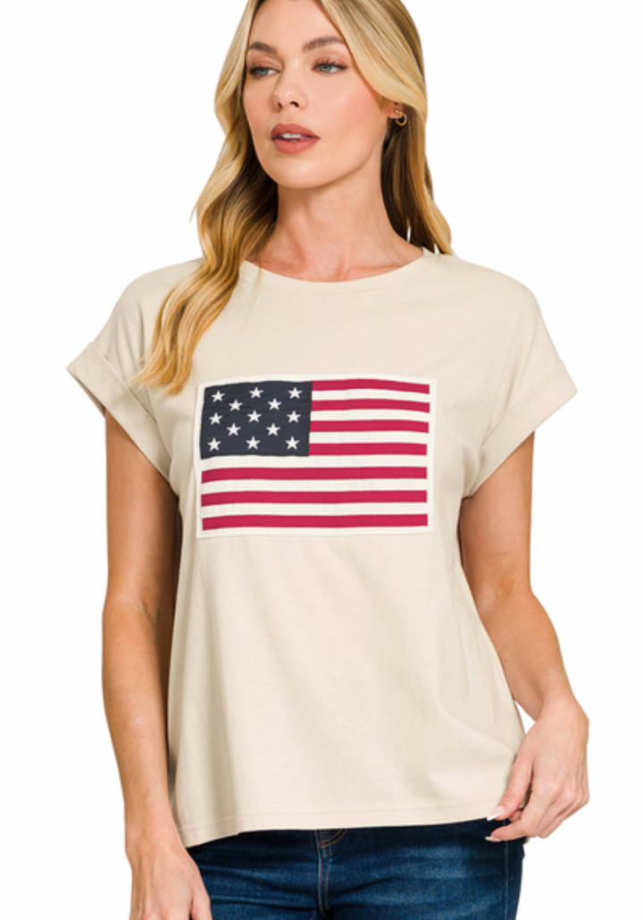 Zenana Sand Beige American Flag Tee