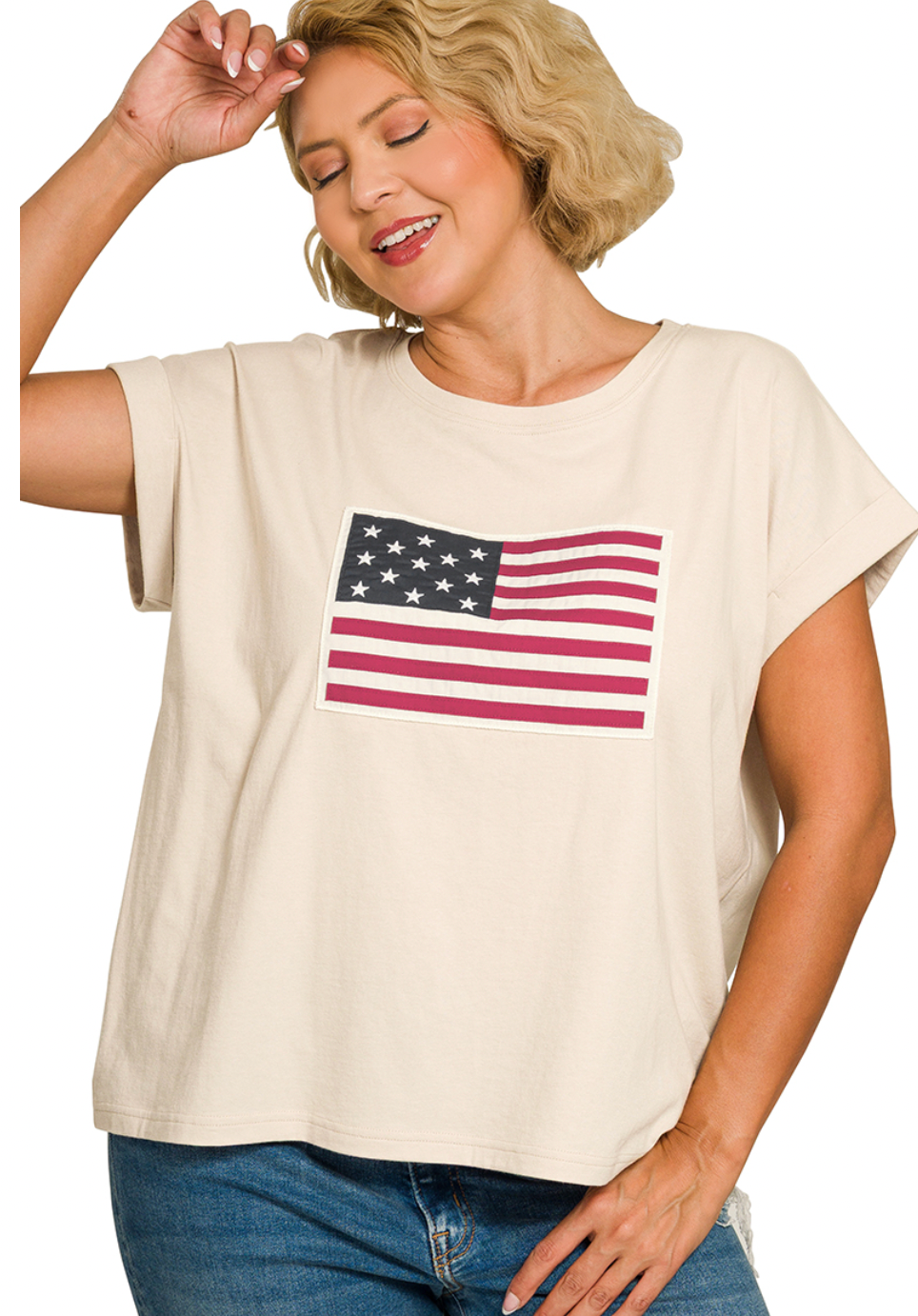 Zenana Sand Beige American Flag Tee