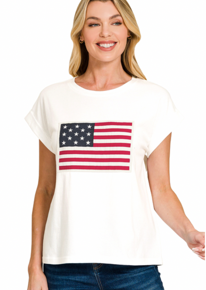 Zenana White American Flag Tee