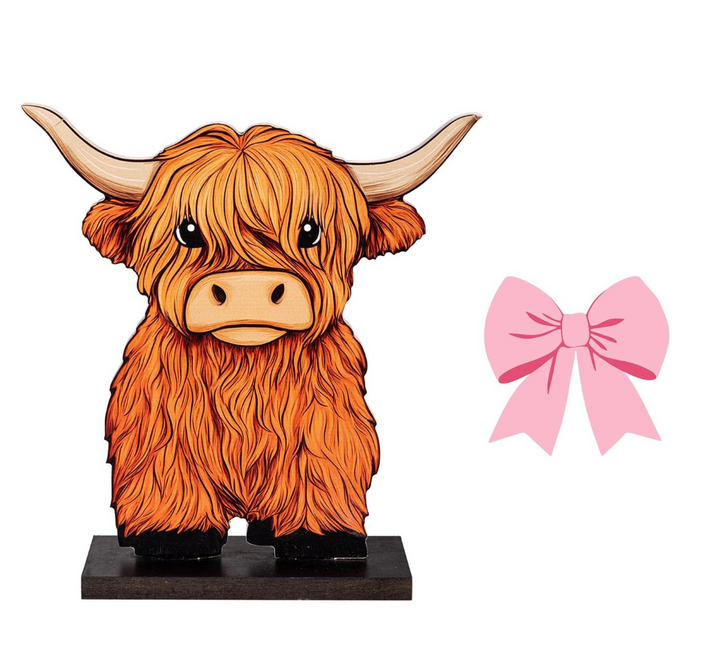 Evergreen Petal & Plow Table Decor Wood Highland Cow with 6 Interchangeable Hats, 14"H