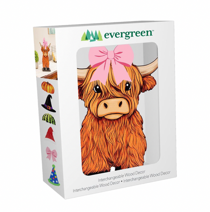 Evergreen Petal & Plow Table Decor Wood Highland Cow with 6 Interchangeable Hats, 14"H