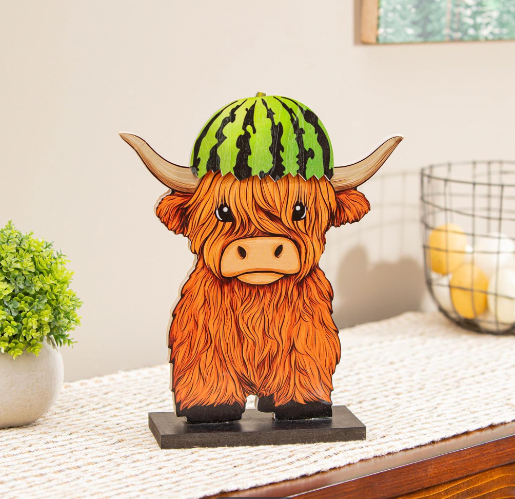 Evergreen Petal & Plow Table Decor Wood Highland Cow with 6 Interchangeable Hats, 14"H