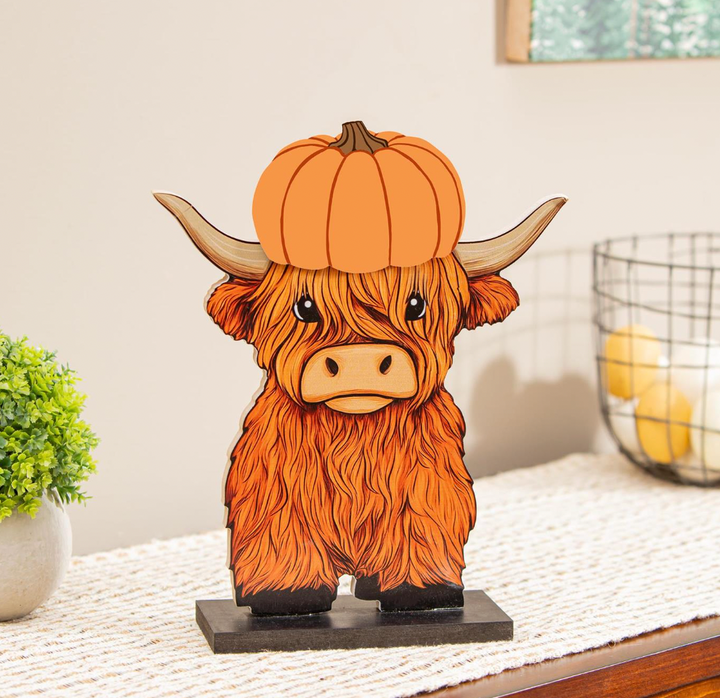 Evergreen Petal & Plow Table Decor Wood Highland Cow with 6 Interchangeable Hats, 14"H
