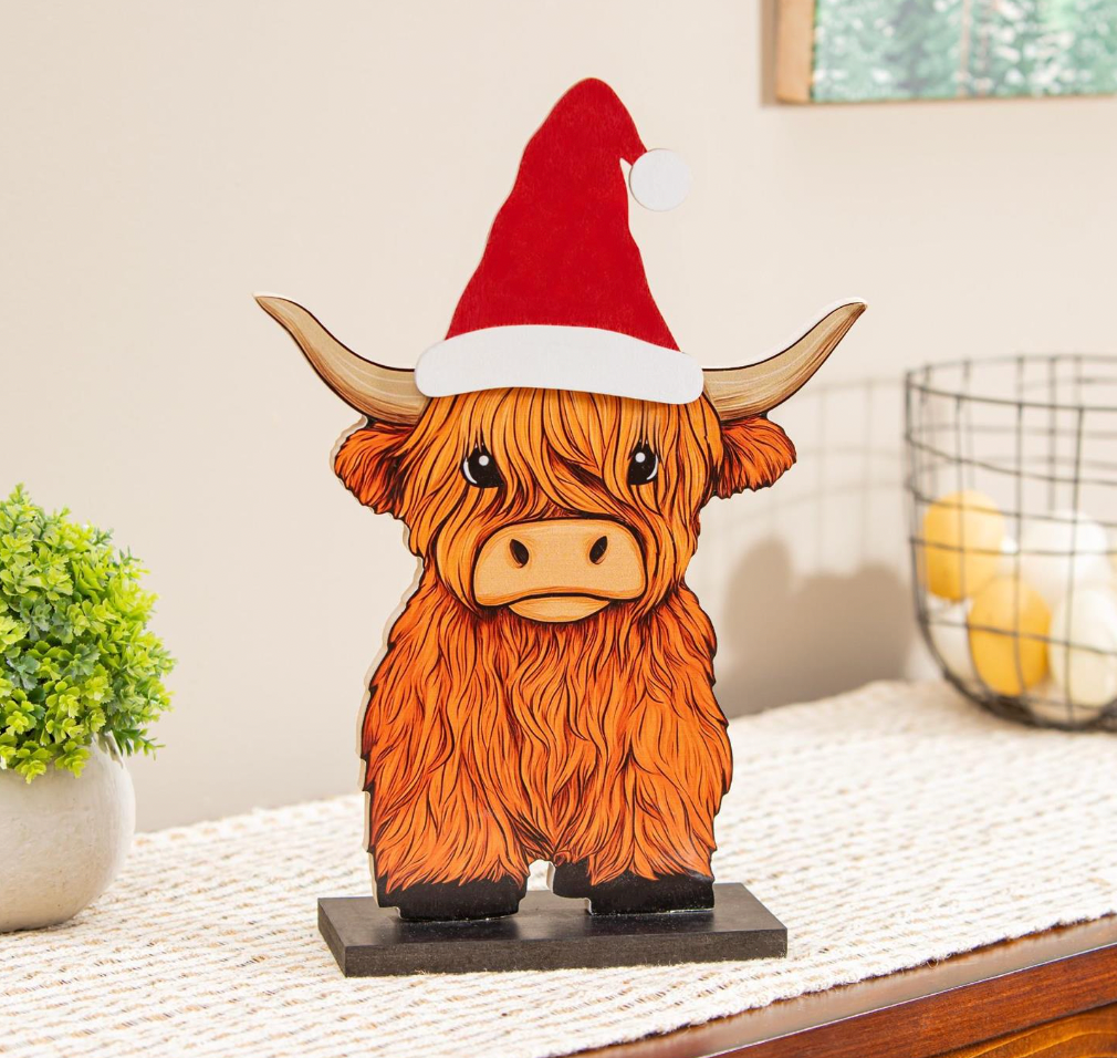 Evergreen Petal & Plow Table Decor Wood Highland Cow with 6 Interchangeable Hats, 14"H