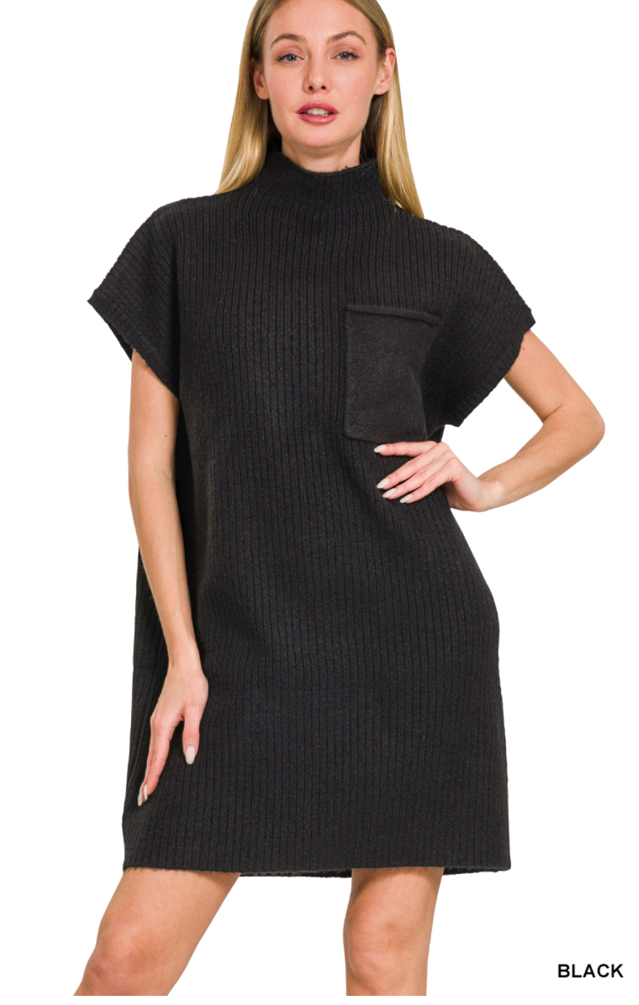 Black Mock Neck Short Sleeve Sweater Dress