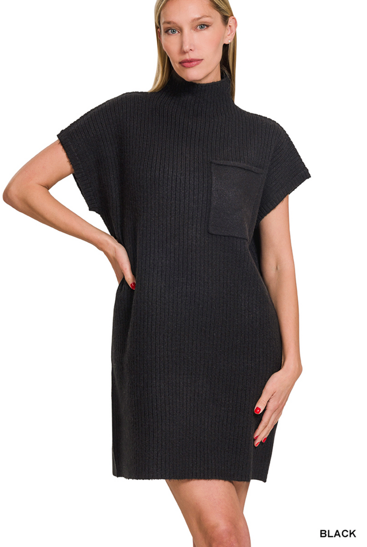 Black Mock Neck Short Sleeve Sweater Dress