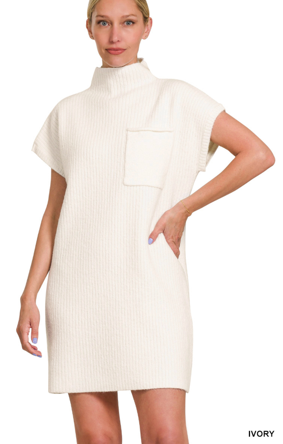 Ivory Mock Neck Short Sleeve Sweater Dress