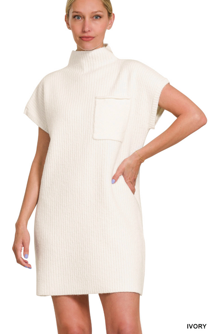Ivory Mock Neck Short Sleeve Sweater Dress