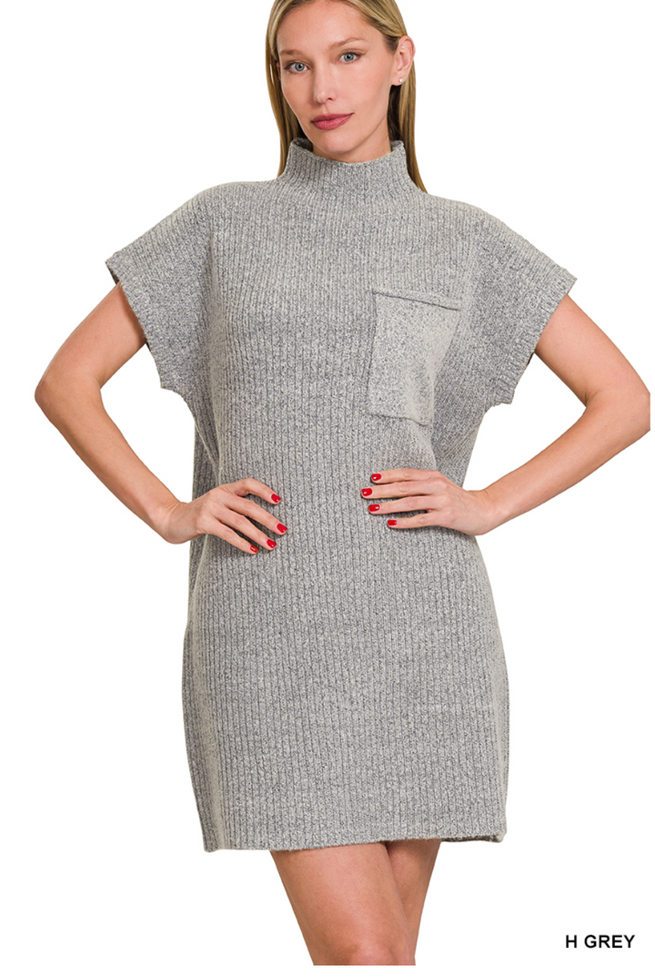 Heather Grey Mock Neck Short Sleeve Sweater Dress