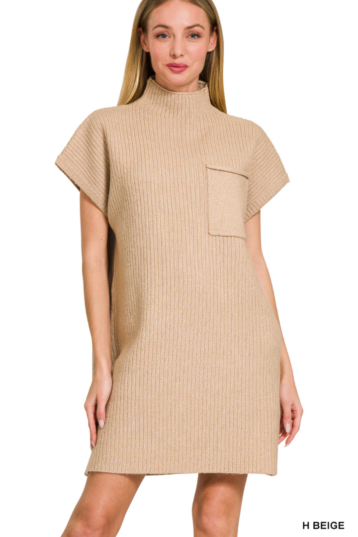 Beige Mock Neck Short Sleeve Sweater Dress