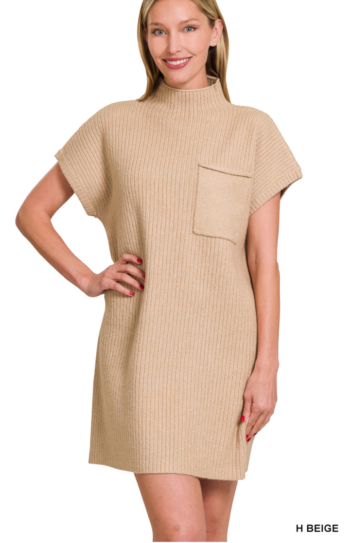 Beige Mock Neck Short Sleeve Sweater Dress