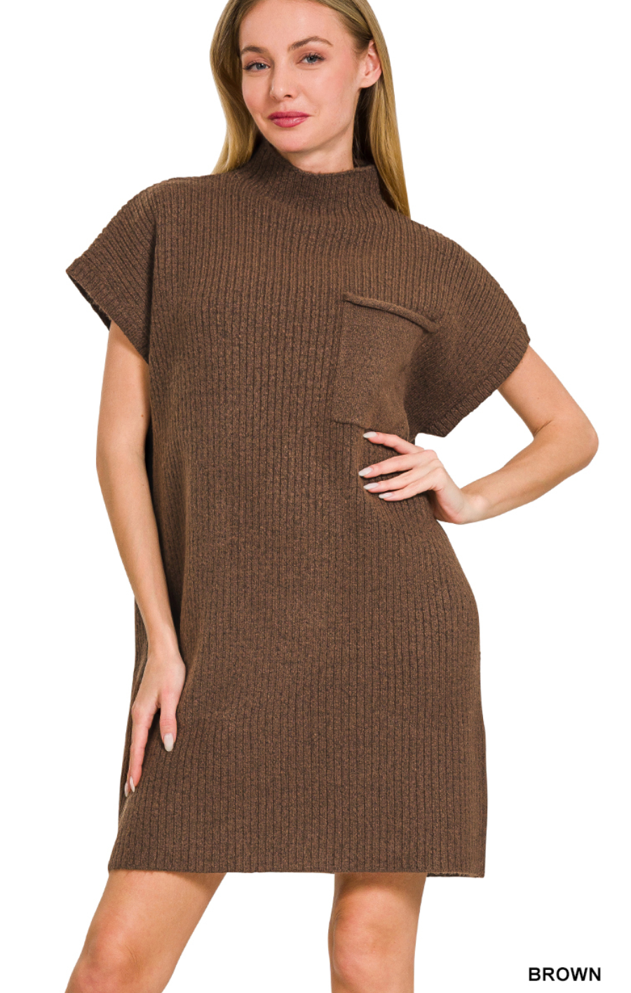 Brown Mock Neck Short Sleeve Sweater Dress