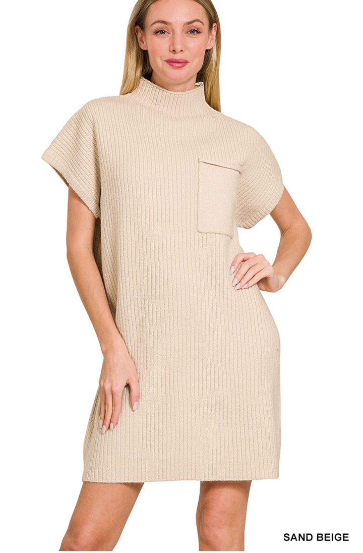 Sand Beige Mock Neck Short Sleeve Sweater Dress
