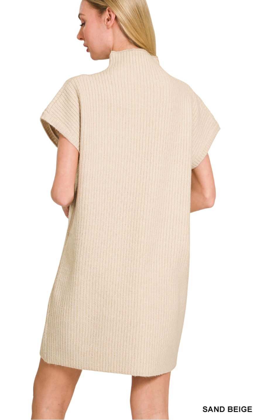 Sand Beige Mock Neck Short Sleeve Sweater Dress