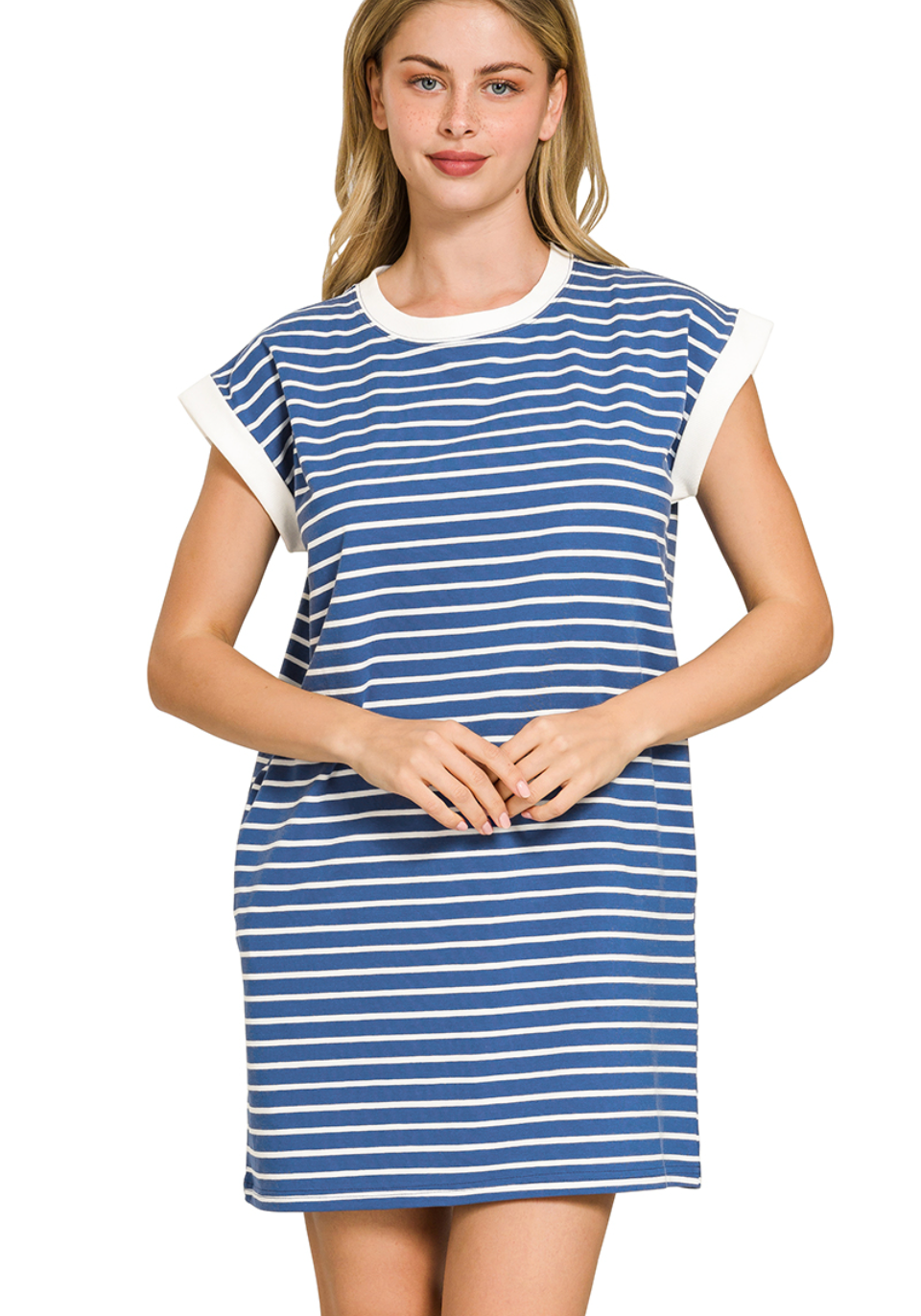 Light Navy Striped Contrast Trim T-Shirt Dress Rebecca's of Clinton Light Navy Striped Contrast Trim T-Shirt Dress Rebecca's of Clinton